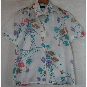 Vintage 80s Winsom Short Sleeve Floral Secretary High Ruffle Neck Blouse Size L